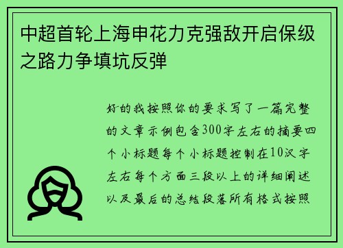 中超首轮上海申花力克强敌开启保级之路力争填坑反弹