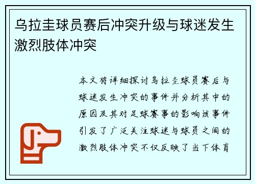 乌拉圭球员赛后冲突升级与球迷发生激烈肢体冲突